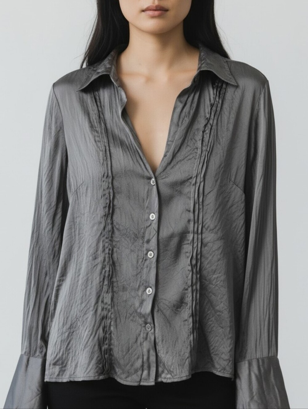 JOSEF Silk Metallic Gray Button Down Blouse